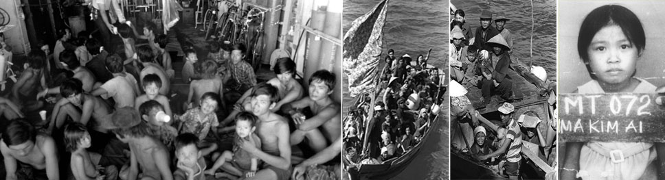 A series of black and white photos of refugees of vietnam, first three images shows of a group of vietnamese refugees on a boat, the last image is a young vietnamese girl in a refugee camp having her photo taken with a name plate