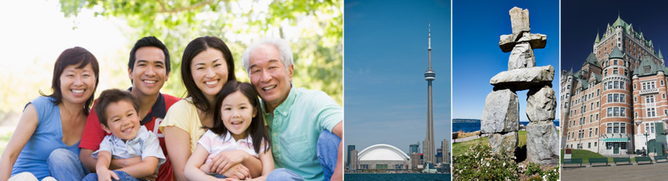 Image displays a smiling asian family - two children, 4 adults, a scenic shot of the CN Tower and Roger Centre, the iconic symbol of the inuit stone structure landmark of Vancouver BC, and the image of the Chateau Frontenac in Quebec City