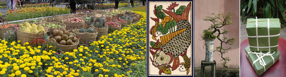 Marigold flowers: a sign of Spring arrival, Carps: a reminder of mythical story about Tet, a form of Vietnamese bonsai, the traditional rice cakes for the Vietnamese Lunar New Year
