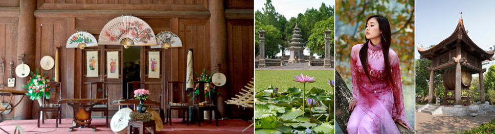 A room housing various traditionally vietnamese instruments, a distant view of a Pagoda in Vietnam - focus is on the pink lotus, a beautiful vietnamese girl in the traditional áo dài dress, an angled view of an arched structure in a garden