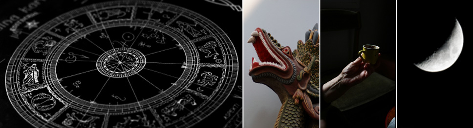 Twelve astrological signs, a howling dragon, tea offering, a half crescent moon
