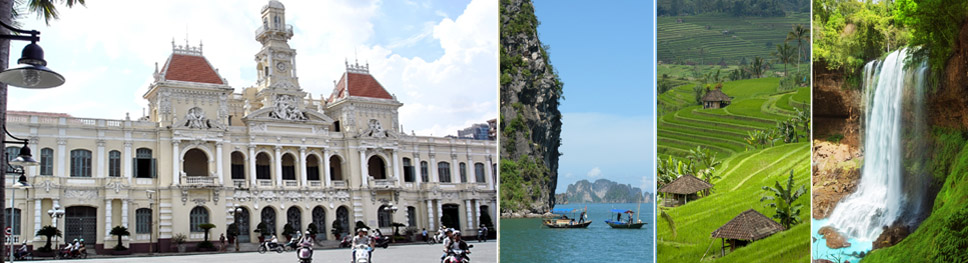 An image of the outside of Ho Chi Minh City Hall, halong bay in vietnam, rice fields on a hillside, and a beautiful waterfall