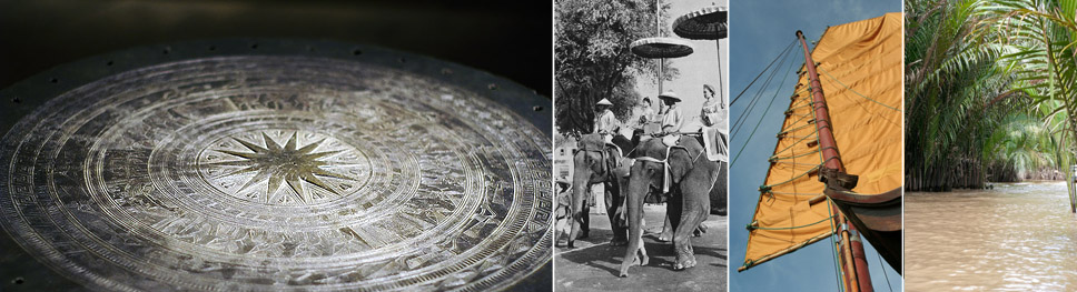 an image of an ancient vietnamese drum (the lac viet), a black and white photo of four women riding on elephants, the top mast of a vietnamese boat, and a angle photo of the mekong river in Vietnam