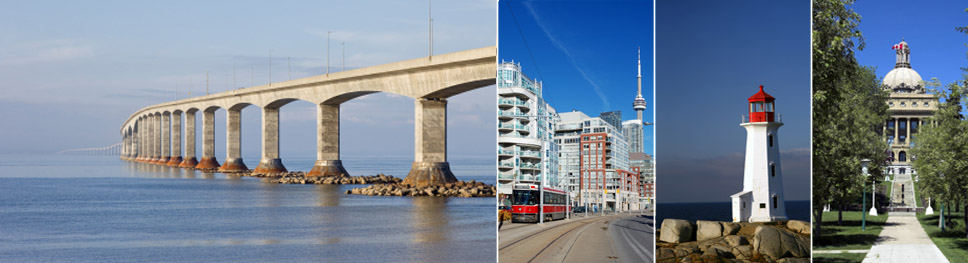 An image of the confederation bridge in daylight, a side view of the downtown toronto with a streetcar, a red roofed light house in Nova Scotia, and an image of a building with trees surrounding it