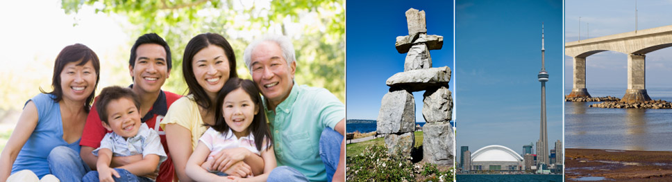 Image of a smiling asian family, four adults and two children, the image of a stone structure (also known as the Inukshuk atop of Whistler mountain in BC), CN Tower and rogers center, side image of the confederation bridge