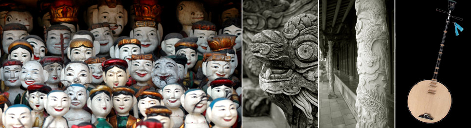 An image with a large set of vietnamese water puppets (porcelain-like dolls), a side view of a stone structure shaped as a dragon, a white column covered in with an intricate dragon design, and a four stringed instrument with a circular base