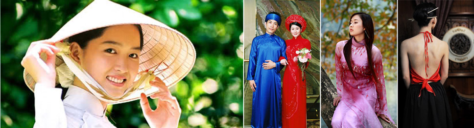 An image of a smiling woman wearing the traditional conical hat of vietnam, typical wedding dresses, a young woman wearing a pink traditional ao dai dress gazing off to the left, the back of a woman wearing a red halter top áo yếm