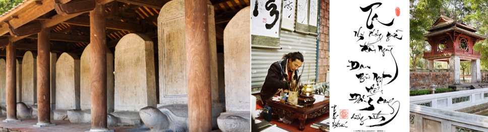 An image of old looking columns, a man sitting outside writing vietnamese caligraphy, a picture of vietnamese writing (calligraphy style), a side view of a temple-like structure