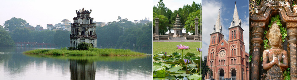 A scenic picture of a temple on an island surrounded by water in Hanoi, a pagoda with the focus on a single lotus flower, Catholic Cathedral in Saigon, a statue and gate in front of a Cham temple